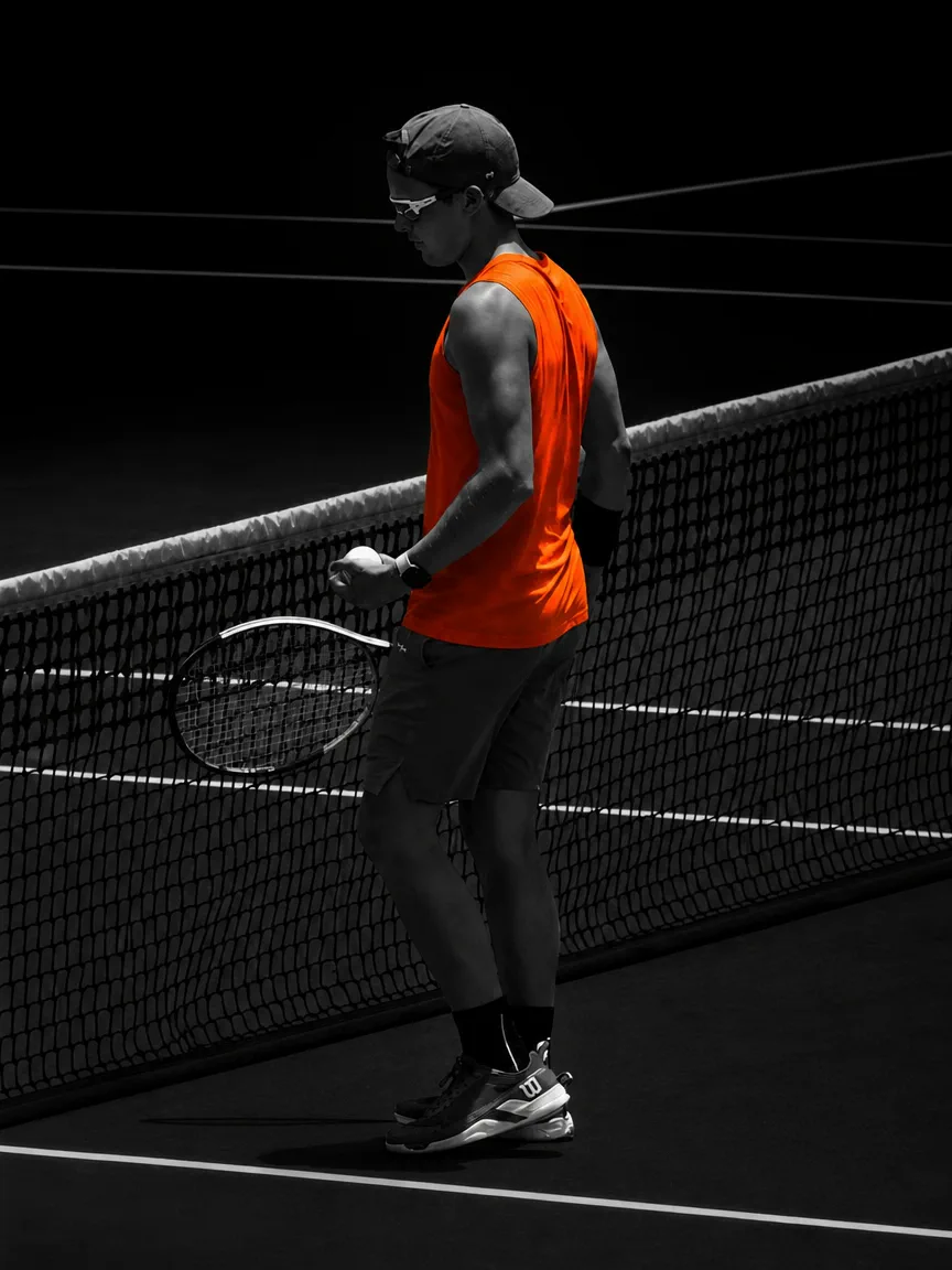 Tennis player Ron Teremi at the net in an orange training vest