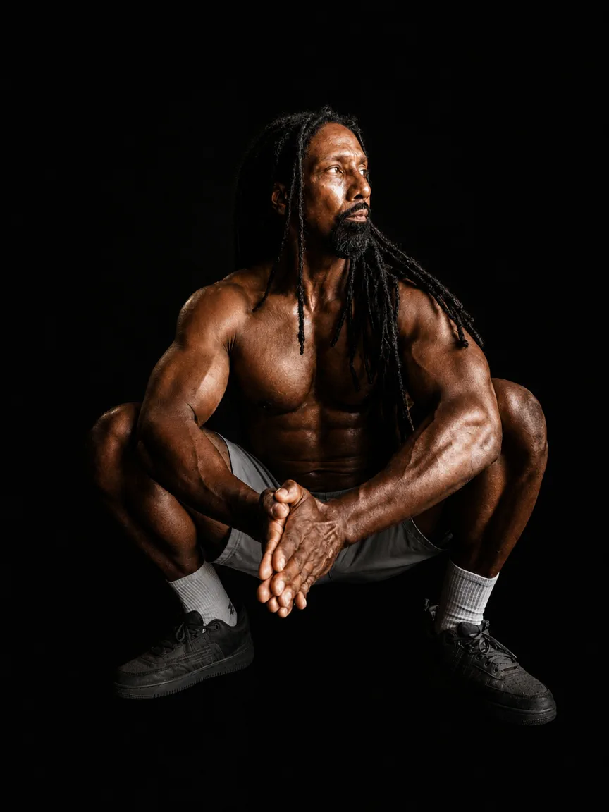 Fitness coach Blade holding a deep squat against a black background